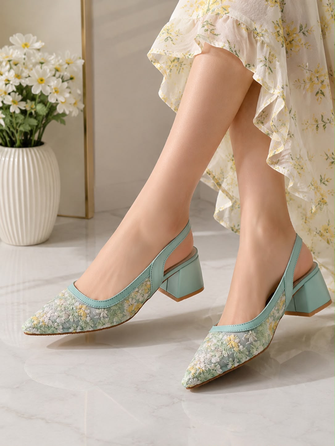 Amour Floral Mesh Slingback AD60 Aqua Green