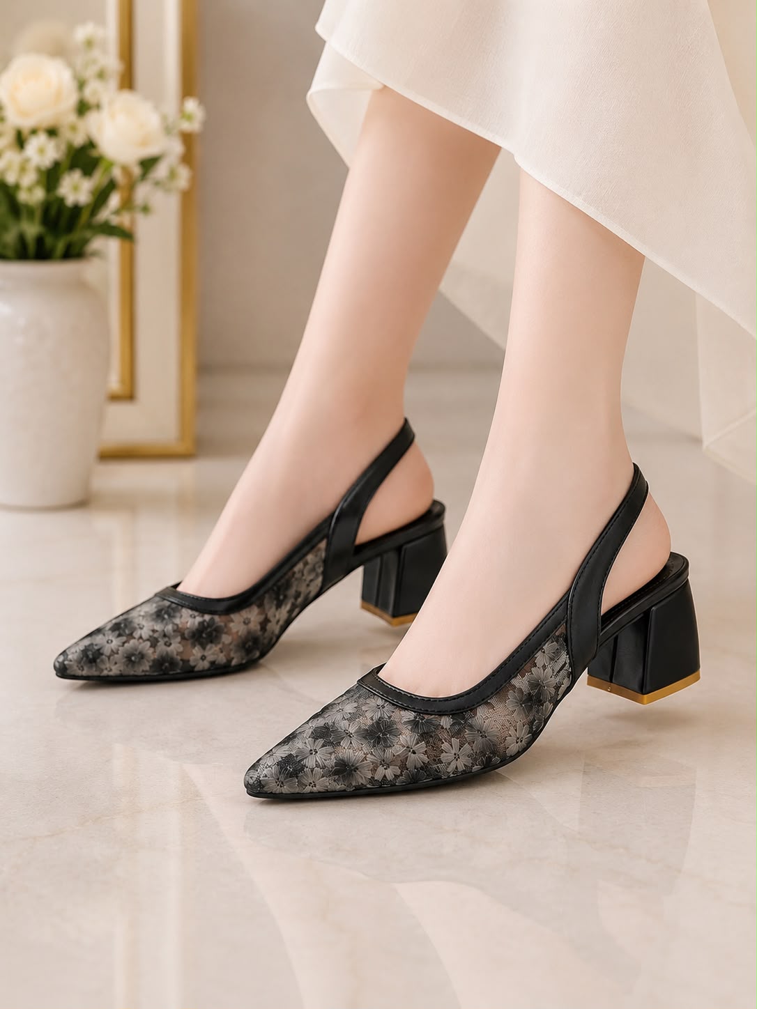 Amour Floral Mesh Slingback AD60 Black