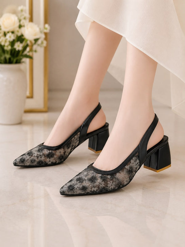Amour Floral Mesh Slingback AD60 Black